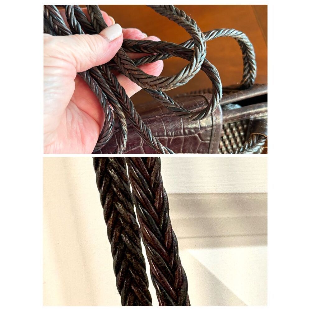 BRIGHTON - Vtg Two-Tone Brown Woven Leather Shoulder Bag/Croc-Embossed Closure - Picture 8 of 16